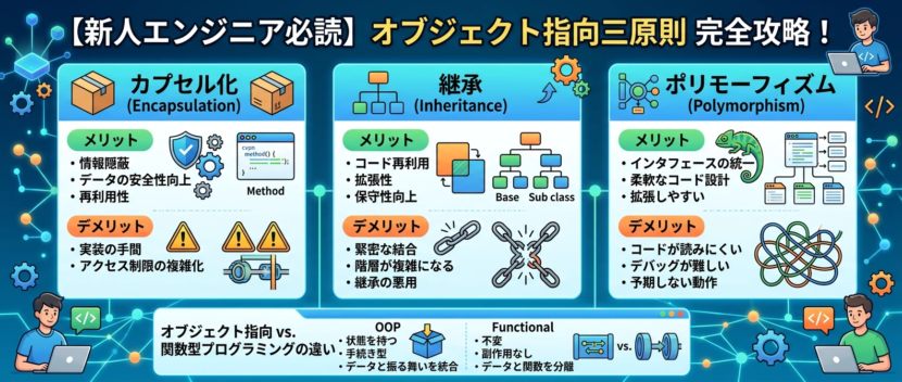 【研修エンジニア必読】オブジェクト指向の3大原則を完全マスター！カプセル化・継承・ポリモーフィズムのメリット・デメリットと関数型との違いまで徹底解説